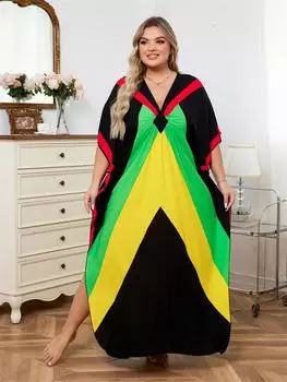 EDOLYNSA 2024 Разноцветный кафтан в богемном стиле с v-образным вырезом и рукавами «летучая мышь» Уличная одежда Платье макси Женская пляжная одежда Купальный костюм Q1618 One Size разноцветный