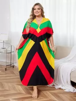 EDOLYNSA 2024 Разноцветный кафтан в богемном стиле с v-образным вырезом и рукавами «летучая мышь» Уличная одежда Платье макси Женская пляжная одежда Купальный костюм Q1618 One Size разноцветный