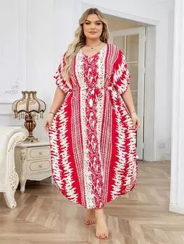 EDOLYNSA 2024 Красный тай-дай V-образный вырез короткий рукав пояс плюс размер кафтан женское длинное пляжное платье повседневная пляжная одежда купальник накидка One Size красный
