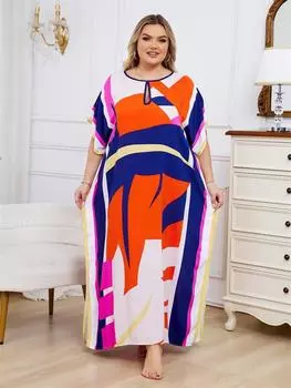 EDOLYNSA 2024 розовое и красное пляжное платье с v-образным вырезом и принтом, кафтан, женские длинные платья для летних каникул, сексуальная пляжная одежда, купальник, накидка Q419 One Size красный/розовый