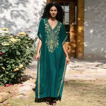 EDOLYNSA 2024 сексуальное длинное платье с v-образным вырезом и рукавами «летучая мышь» с золотой вышивкой для женщин, летний непринужденный купальник для отдыха, пляжной вечеринки, накидка Q1642 One Size зелёный