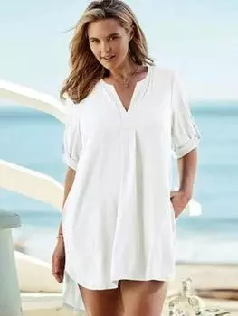 EDOLYNSA 2024 сексуальное однотонное мини-платье с v-образным вырезом и поясом, туника, женская одежда, богемная летняя пляжная туника, повседневные уличные платья Q676 One Size белый