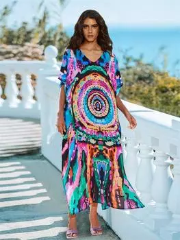 EDOLYNSA 2024, сексуальное пляжное платье с v-образным вырезом и рукавами «летучая мышь», женское летнее платье в африканском стиле с принтом в стиле бохо, купальник, бикини, накидки Q1577 One size разноцветный