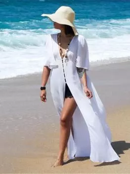 EDOLYNSA 2024, сексуальное пляжное платье-туника с глубоким v-образным вырезом и открытым спереди, большие размеры, женская летняя пляжная одежда, платье макси с короткими рукавами и боковым разрезом, халат Q677 One Size белый