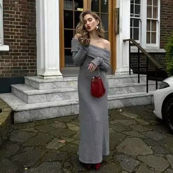 EDOLYNSA 2024 сексуальное трикотажное платье без бретелек с длинным рукавом осеннее повседневное макси-платье премиум-класса для знаменитостей, облегающие вечерние платья, туника S чёрный