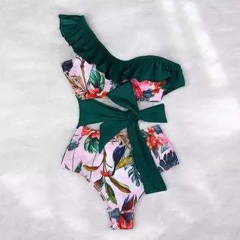 EDOLYNSA 2024 сексуальный цельный купальник пуш-ап купальники женские монокини с рюшами тропический принт купальник боди купальный костюм одежда для плавания L51 S зелёный