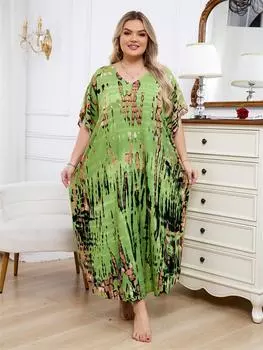 EDOLYNSA 2024 сексуальный полосатый принт с v-образным вырезом и боковым разрезом плюс размер кафтан платья для женщин летние каникулы пляжные купальники накидки свободный халат One Size зелёный