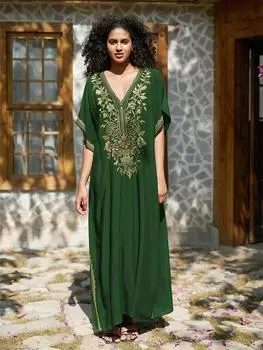 EDOLYNSA 2024 сексуальный золотой вышивкой с v-образным вырезом и рукавами «летучая мышь», халат, длинное платье, женский кафтан больших размеров, свободный пляжный халат, купальный костюм, накидка Q1642 One Size авокадо
