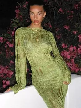 EDOLYNSA 2024 сексуальное облегающее платье с открытой спиной и вырезом для вечеринки на пляже макси-платье трикотажная пляжная одежда для женщин купальник для отдыха у бассейна бикини-накидки A2754 S зелёный