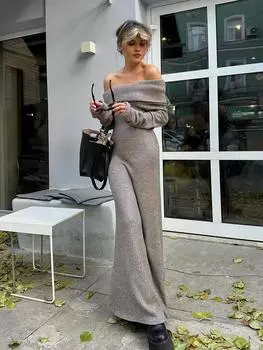 EDOLYNSA 2024 сексуальные пляжные накидки трикотажные однобортные без бретелек с длинным рукавом осеннее макси-платье премиум-класса знаменитые женские наряды купальник накидка туника S чёрный