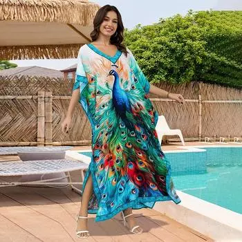 EDOLYNSA 2024 Шикарное красивое длинное платье с принтом павлина для отпуска в стиле бохо с V-образным вырезом и рукавами «летучая мышь» Плюс Размер Кафтан Женский сексуальный пляжный купальник прикрыть One Size синий