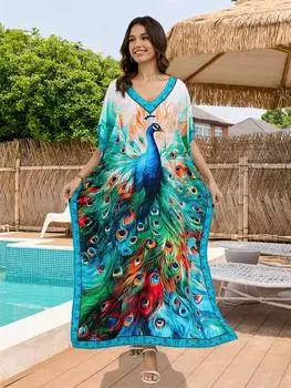 EDOLYNSA 2024 шикарное красивое пляжное длинное платье с принтом павлина для отдыха в стиле бохо с V-образным вырезом и рукавами «летучая мышь» больших размеров кафтан женский сексуальный купальник прикрытие One Size синий