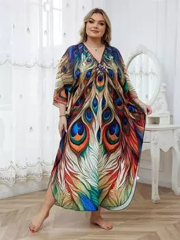 EDOLYNSA 2024 шикарный кафтан с принтом павлиньего шлейфа больших размеров, женское богемное пляжное платье, летний купальник, накидка, уютный свободный домашний халат Q1670 One Size разноцветный