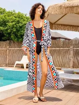 EDOLYNSA 2024 шикарный клетчатый принт для вечеринки у бассейна, сексуальный купальник, бикини, накидки, летнее женское кимоно с поясом, платье-туника, пляжное платье больших размеров Q1332 One Size разноцветный