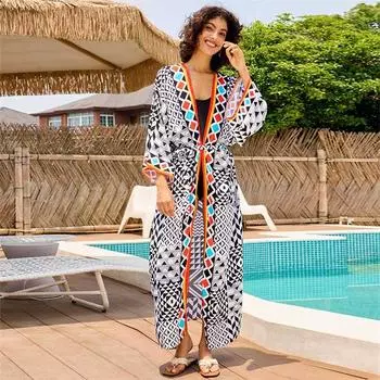 EDOLYNSA 2024 шикарный клетчатый принт для вечеринки у бассейна, сексуальный купальник, бикини, накидки, летнее женское кимоно с поясом, платье-туника, пляжное платье больших размеров Q1332 One Size разноцветный