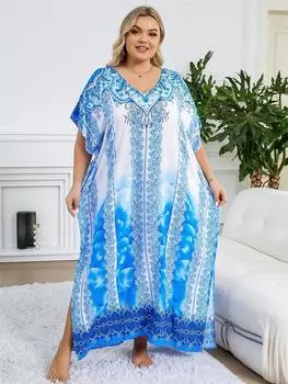 EDOLYNSA 2024 синий кафтан с v-образным вырезом, пляжная накидка, летняя женская пляжная одежда, хлопковая туника, бикини больших размеров, накидки на бикини, халат De Plage, саронг Q774 One Size синий