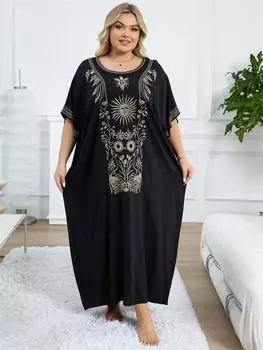 EDOLYNSA 2024, свободный черный кафтан с вышивкой и v-образным вырезом, летнее сексуальное пляжное платье макси, женская пляжная одежда, домашний халат, туника One Size чёрный