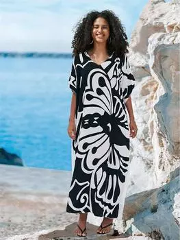 EDOLYNSA 2024 Винтажные пляжные платья с большим цветочным принтом и v-образным вырезом, купальные костюмы, накидки, кафтан больших размеров, женский летний повседневный наряд для отдыха на море, Q752 One Size белый/чёрный