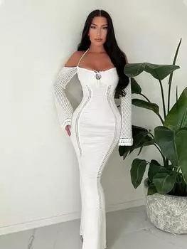 EDOLYNSA 2024 весна лето сексуальный вязаный галстук с открытой спиной тонкий вырез с длинными рукавами и запахом на бретельках пляжное платье макси шикарная пляжная одежда купальник накидка A2856 S белый