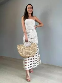 EDOLYNSA 2024 вязаное сексуальное открытое платье с запахом, накидки на бикини, женское прозрачное летнее платье макси, однотонный купальник, пляжная накидка A2837 S белый