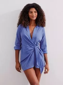 EDOLYNSA 2024, женская высококачественная сексуальная однотонная хлопковая туника с завязками на талии, пляжные накидки для отпуска, мягкое уютное мини-платье-рубашка с длинными рукавами K7