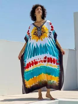 EDOLYNSA 2024 Женский богемный многоцветный принт плюс размер кафтан Пляжная одежда Купальник Прикрытие Праздничное летнее пляжное платье Уютный халат Q1674 One Size разноцветный