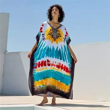 EDOLYNSA 2024 Женский богемный многоцветный принт плюс размер кафтан Пляжная одежда Купальник Прикрытие Праздничное летнее пляжное платье Уютный халат Q1674 One Size разноцветный