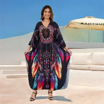 EDOLYNSA 2024 женский черный кафтан больших размеров в этническом стиле с принтом и v-образным вырезом, рукавами «летучая мышь», халат, платье, летние каникулы, пляжная одежда, купальный костюм, накидка One Size чёрный