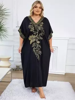 EDOLYNSA 2024 Женский черный кафтан с золотой цветочной вышивкой плюс размер с v-образным вырезом и коротким рукавом Халат Летнее повседневное длинное платье Праздничный купальный костюм Q1684 One Size чёрный
