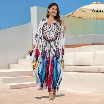 EDOLYNSA 2024 женский кафтан больших размеров в этническом стиле с принтом и v-образным вырезом, рукавами «летучая мышь», халат, платье, летние каникулы, пляжная одежда, купальный костюм, накидка One Size разноцветный