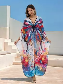 EDOLYNSA 2024 женское кафтан больших размеров с шикарным принтом и v-образным вырезом, рукавами-бабочками, пляжное платье, летние каникулы, пляжная одежда, купальный костюм, накидка One Size разноцветный