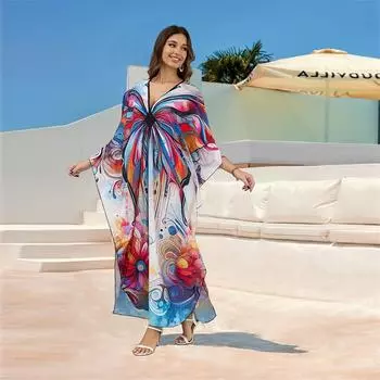 EDOLYNSA 2024 женское кафтан больших размеров с шикарным принтом и v-образным вырезом, рукавами-бабочками, пляжное платье, летние каникулы, пляжная одежда, купальный костюм, накидка One Size разноцветный
