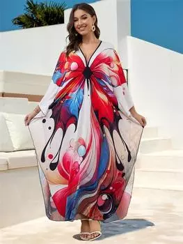 EDOLYNSA 2024 женское кафтан большого размера пляжное платье макси красный турецкий халат с принтом бабочек летние каникулы пляжная одежда купальный костюм Q1588 One Size красный