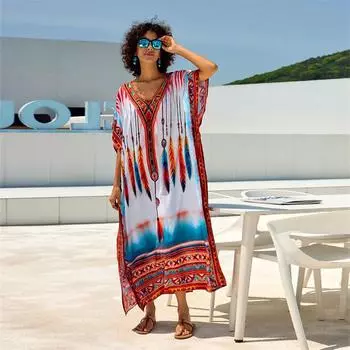 EDOLYNSA 2024, женское платье-халат в этническом стиле с принтом, свободное платье с v-образным вырезом, кафтан, праздничная летняя пляжная одежда в стиле бохо, купальник, накидка Q1674 One Size красный