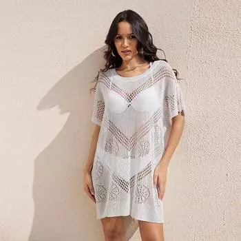 EDOLYNSA Белая трикотажная ажурная удобная пляжная одежда Сексуальное мини-платье Купальник с крючком, накидка, домашний халат Q1649 one soze белый