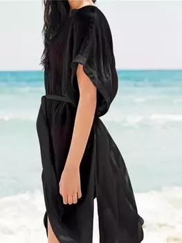 EDOLYNSA Белое, черное пляжное длинное платье из искусственного шелка, купальные костюмы, туники, кафтан, пляжное платье, пляжная одежда, накидка, халат De Plage Saida De Praia Q337 One Size чёрный