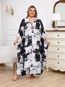 EDOLYNSA Белый Черный Кафтан Женский хит продаж длинное платье Халат Китайский узел Благоприятный узел с v-образным вырезом Пляжная одежда с рукавами «летучая мышь» Домашняя одежда Q1297 One Size чёрный/белый
