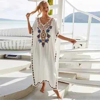 EDOLYNSA Белый винтажный длинный кафтан с вышивкой, повседневное платье макси с v-образным вырезом, летняя одежда, женская пляжная одежда, купальный костюм, накидка Q1490 One size белый