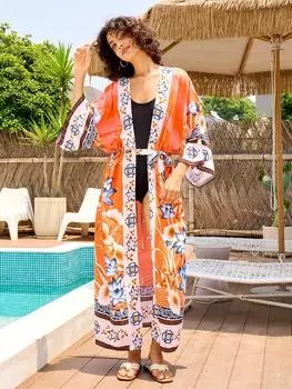 EDOLYNSA Bohemian Printed Bikini Cover-ups Elegant Self Belted Kimono Dress Tunic 2024 Summer Women Plus Size Beach Wear Swimsuit Cover Up Q996 One Size оранжевый