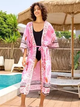 EDOLYNSA Bohemian Printed Bikini Cover-ups Elegant Self Belted Kimono Dress Tunic 2024 Summer Women Plus Size Beach Wear Swimsuit Cover Up Q996 One Size розовый
