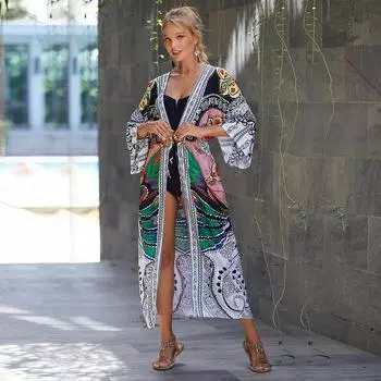 EDOLYNSA богемное кимоно-кардиган больших размеров, накидка на бикини для женщин, легкая летняя куртка с открытой передней частью, наряд с завязками Q1451 One size разноцветный