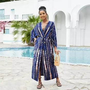 EDOLYNSA богемное платье с галстуком-красителем в полоску, накидки на бикини, длинная туника, сексуальное платье-кимоно, женское пляжное платье больших размеров, купальный костюм, накидка Q1314 One size синий