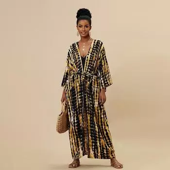 EDOLYNSA богемное платье с галстуком-красителем в полоску, накидки на бикини, длинная туника, сексуальное платье-кимоно, женское пляжное платье больших размеров, купальный костюм, накидка Q1314 One size темно-зеленого