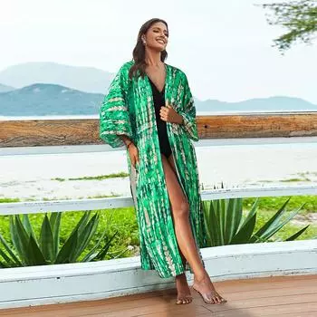 EDOLYNSA богемное платье с галстуком-красителем в полоску, накидки на бикини, длинная туника, сексуальное платье-кимоно, женское пляжное платье больших размеров, купальный костюм, накидка Q1314 One size зелёный