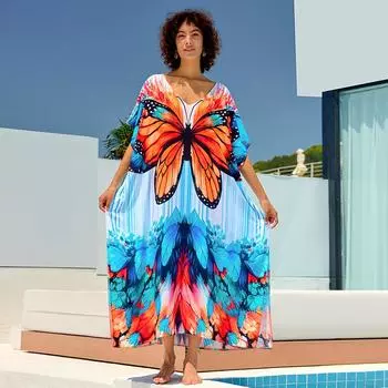 EDOLYNSA Богемное пляжное платье 2024 Женская мода с принтом бабочки Кафтан Летние каникулы с v-образным вырезом и рукавами «летучая мышь» Купальник накидка Q1674 One Size синий