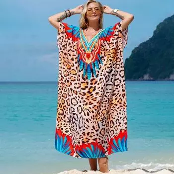 EDOLYNSA богемное пляжное платье с леопардовым принтом кафтан с рукавами «летучая мышь» платье для молодоженов плюс размер бикини накидка для женщин Q1415 One Size разноцветный
