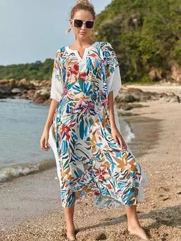 EDOLYNSA Богемное шифоновое женское платье с принтом, пляжная туника, пляжная одежда, кафтан, купальник, накидка, большой размер, кафтан Q1176 One Size разноцветный