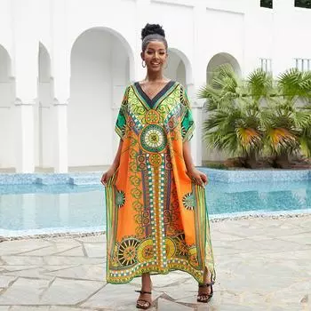 EDOLYNSA Богемное винтажное летнее пляжное платье с принтом, плюс размер, бикини, верхняя одежда с v-образным вырезом, легкое вечернее платье Q1485 One Size зелёный