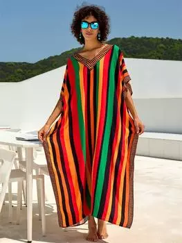 EDOLYNSA богемное женское свободное платье-кафтан в разноцветную полоску с принтом, лето 2024, одежда для отдыха, пляжный купальник, накидка Q1674 One Size разноцветный