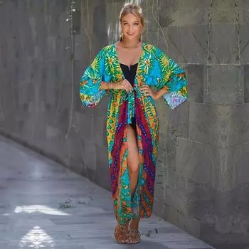 EDOLYNSA богемный купальник, накидка в полоску в стиле ретро, женская летняя одежда с поясом, длинное платье-кимоно, пляжная одежда, накидки на бикини Q1521 бирюзовый